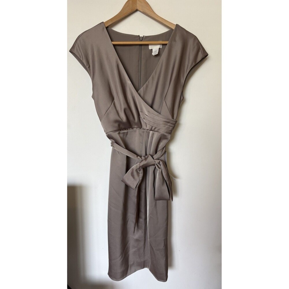 NWT J Crew Taupe Satin Crisscross Front Cap Sleeve Midi Cocktail Dress Size 6